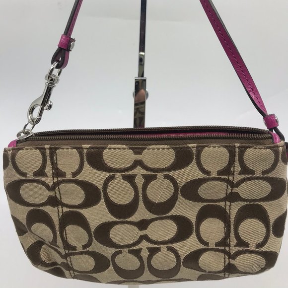 COACH Jacquard Fabric Tan Pink Wristlet - Picture 2 of 5